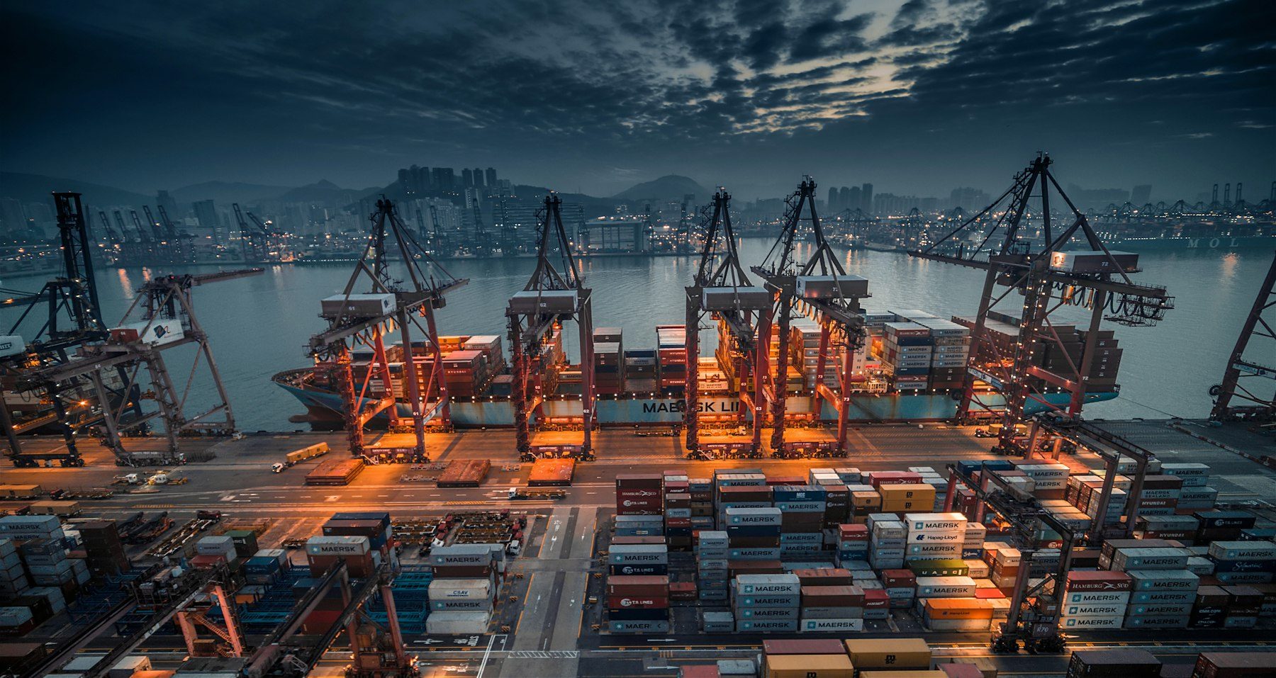 Container port at sunset